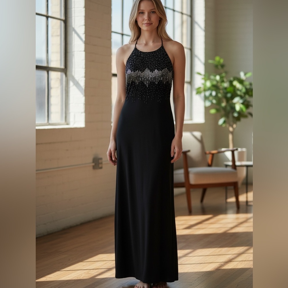 Vintage Cachet Y2K 90s Minimalism Size 16 Formal Black Evening Beaded Dress
